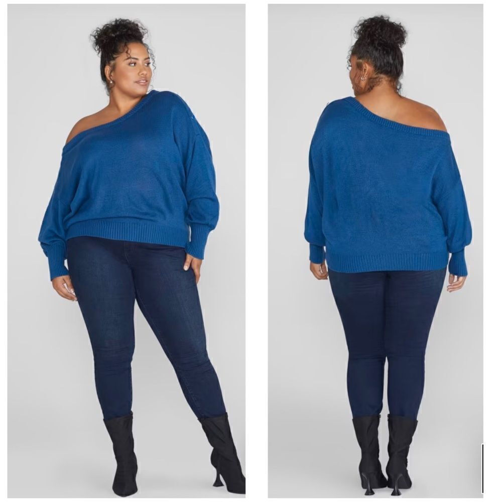 FTF Pullover Off Shoulder Button Detail Blue Sweater